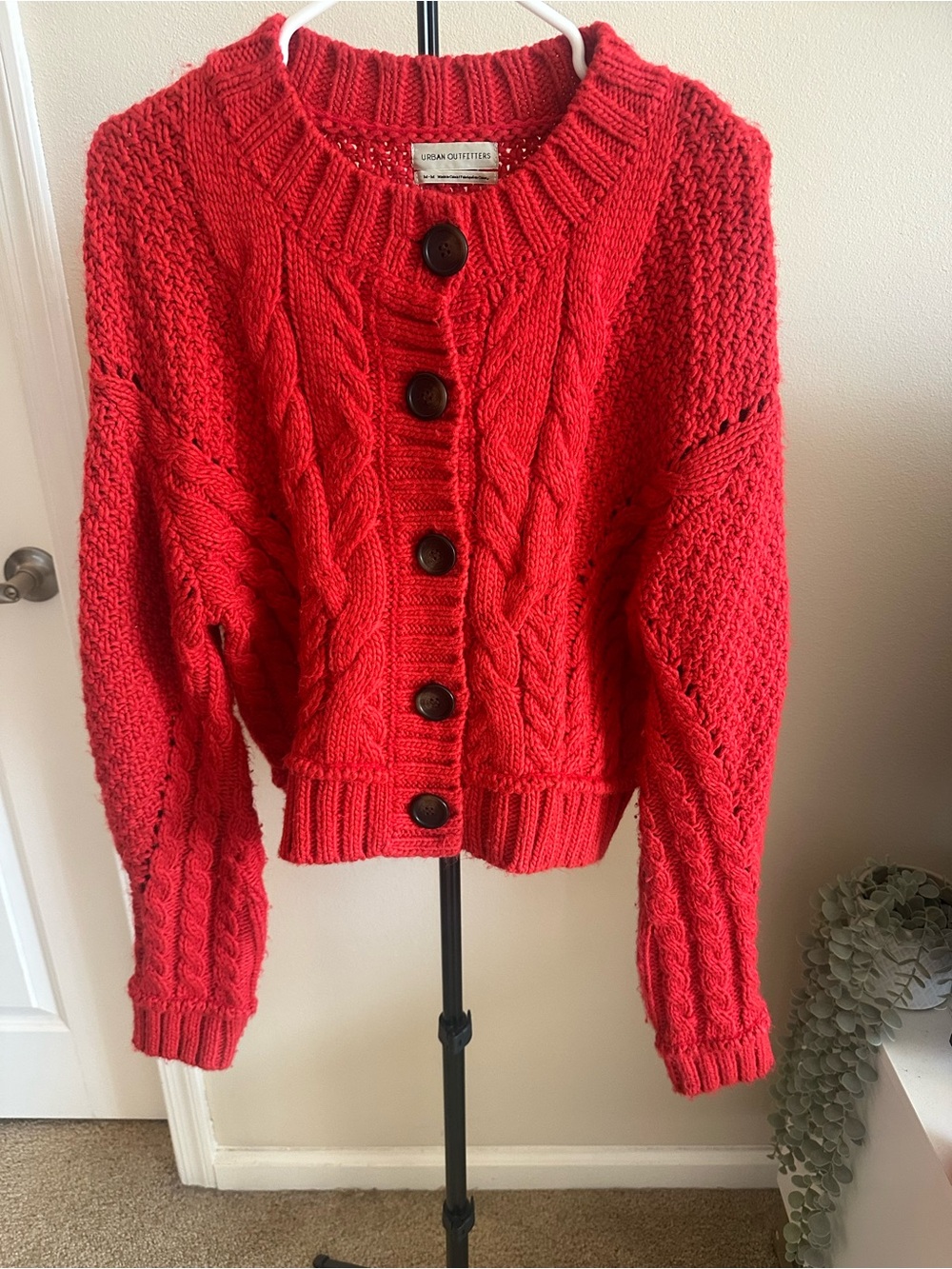 Urban Outfitters bright red cable knit button-front cardigan